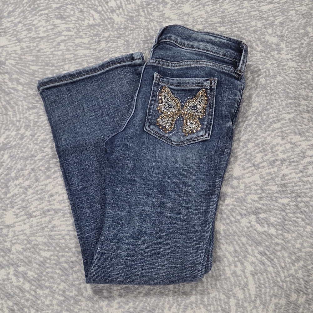 Shyanne Dark Blue Bootcut Jeans with Embellished Butterfly Pocket